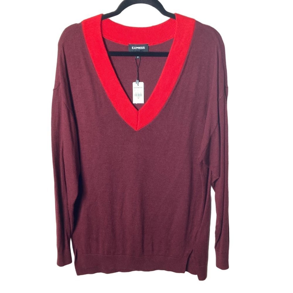 NWT Express Women‎ Maroon Red Deep V Neck Tunic Oversized Pullover Sweater Sz XS